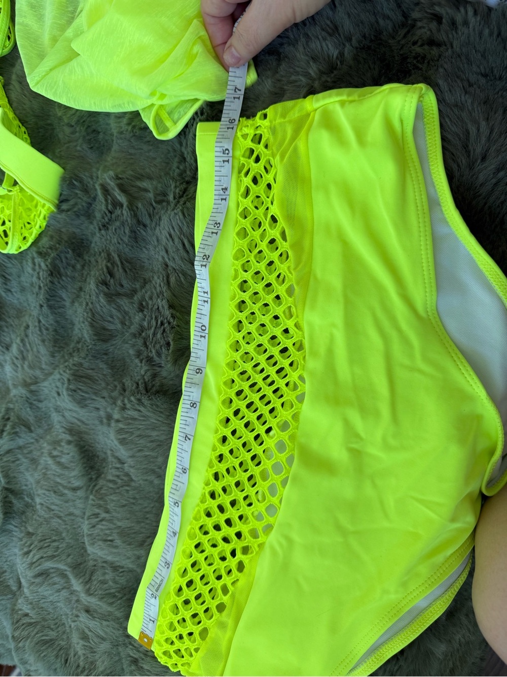 Neon Yellow Green Mesh XL Bikini Set with Sheer Oversized Large Cover-Up Shirt - Picture 5 of 6